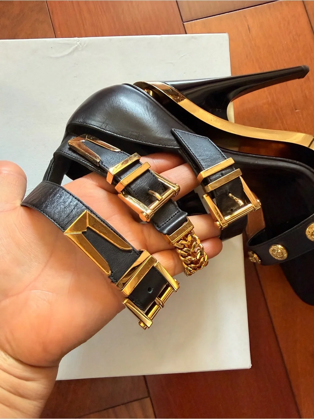 Versace Black and Gold Leather Triple Platform Medusa size 7.5/8 US
